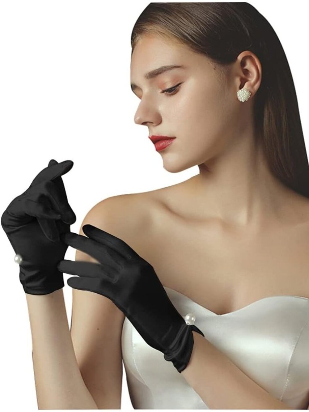 Women's Black Pearl Accent Wrist Length Halloween Party Stretchy Lace Gloves